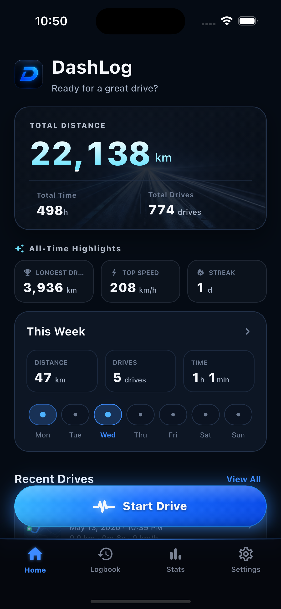 DashLog home screen — total distance and recent drives