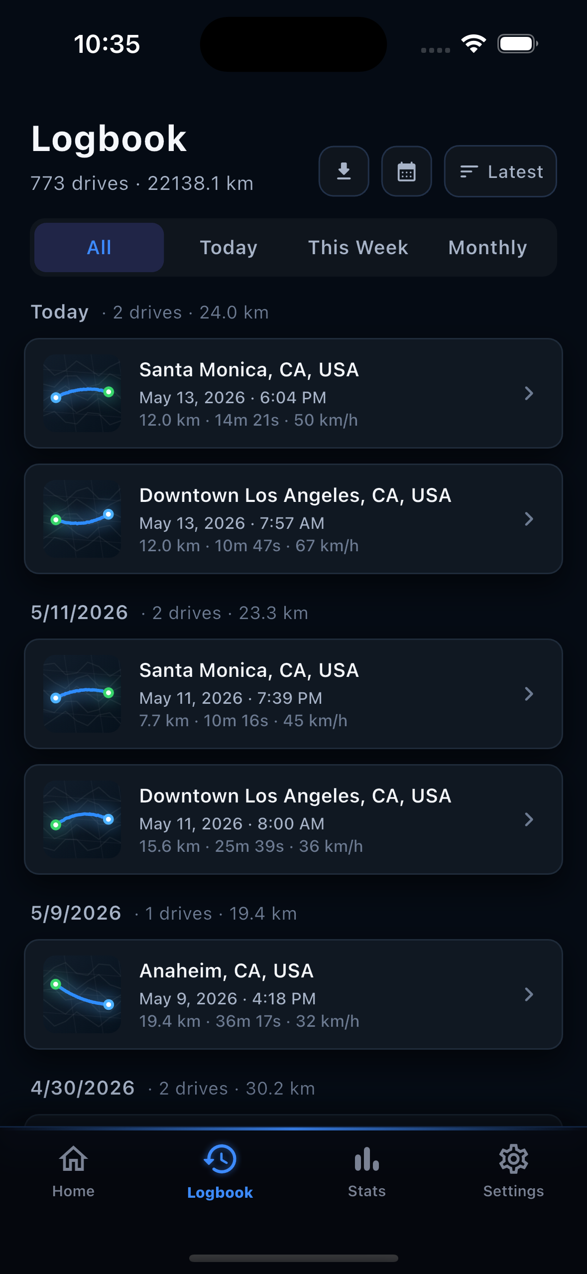 DashLog logbook — every drive listed by date