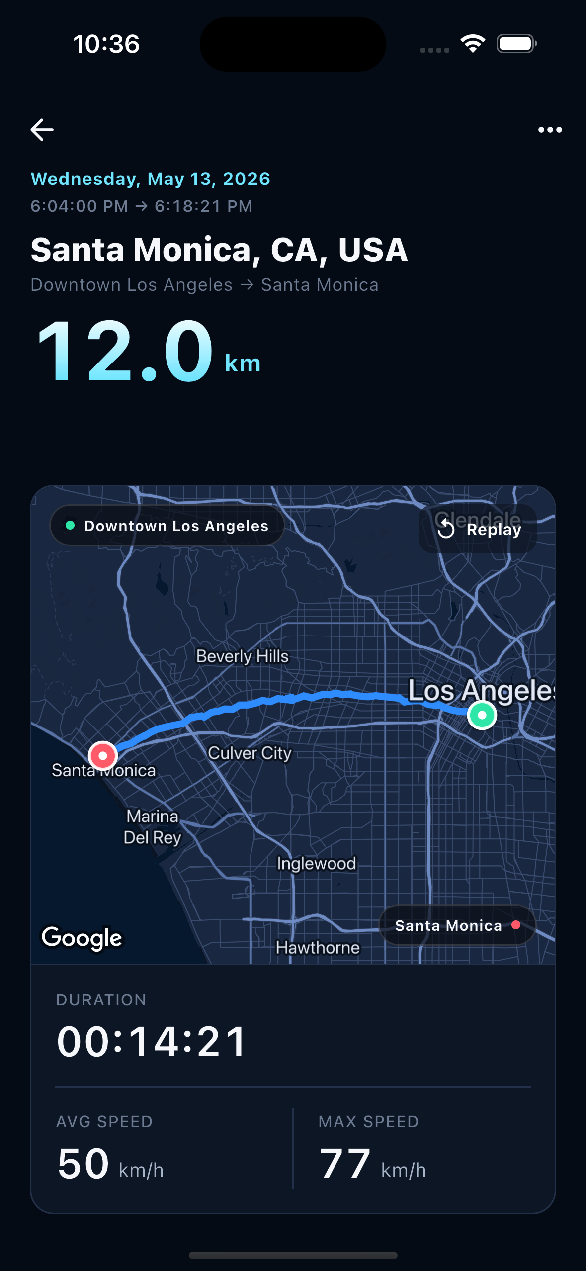 DashLog drive detail — full route map and stats