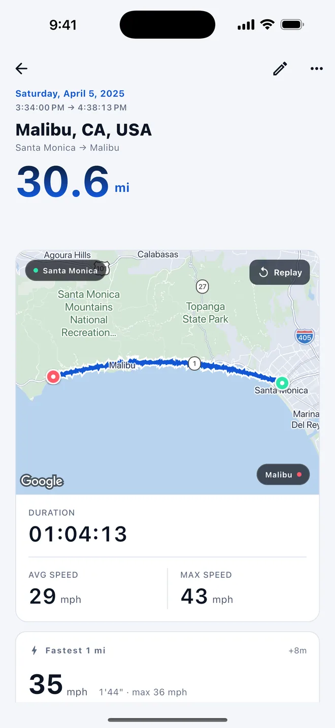DashLog drive detail — route map, distance, duration, and speed