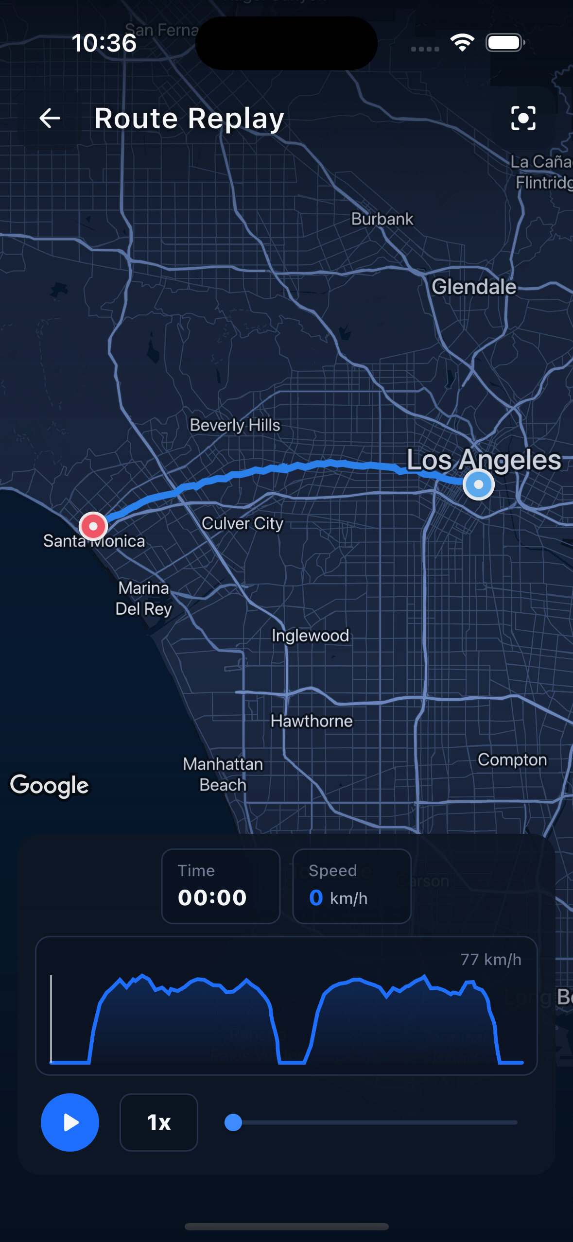 DashLog route replay — scrub through the drive timeline
