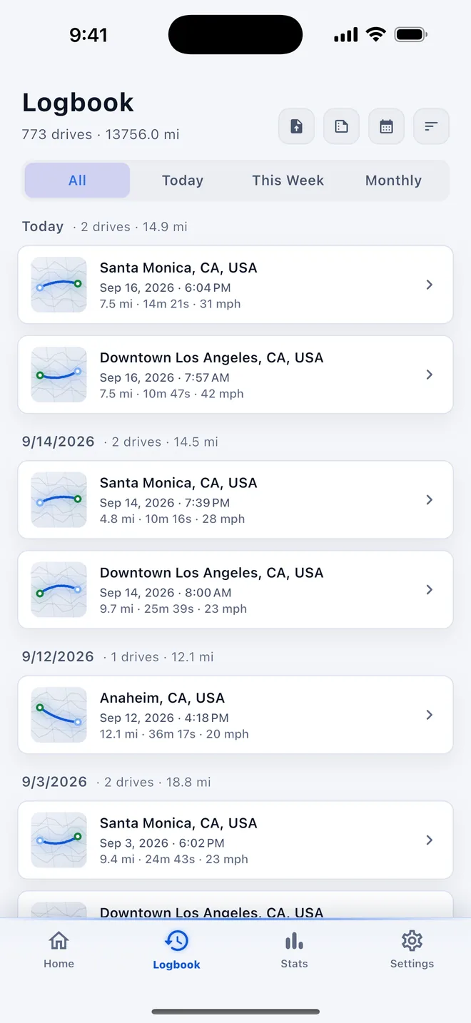 DashLog logbook — every drive listed by date with a route preview