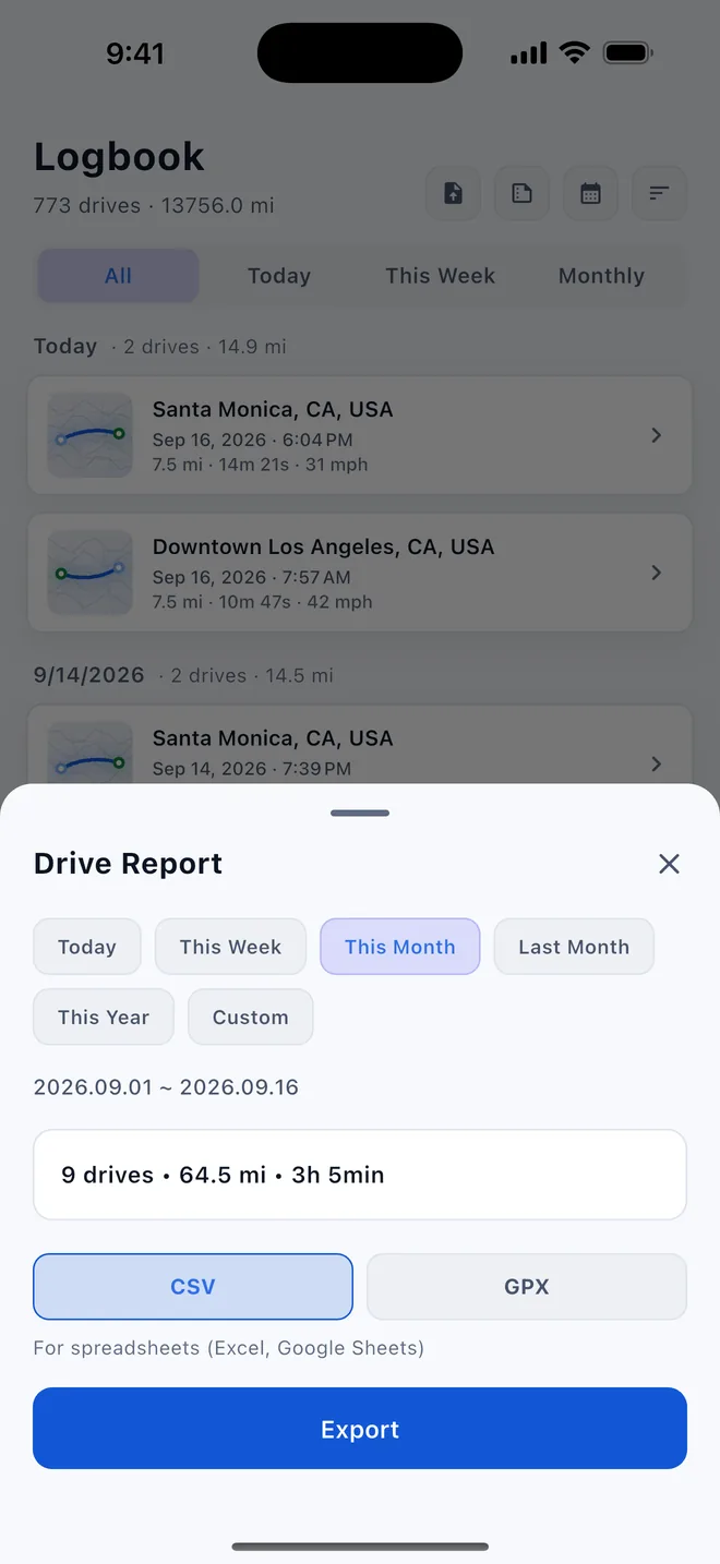 DashLog-Exportbildschirm mit GPX-, CSV- und Zeitraum-Bericht-Optionen