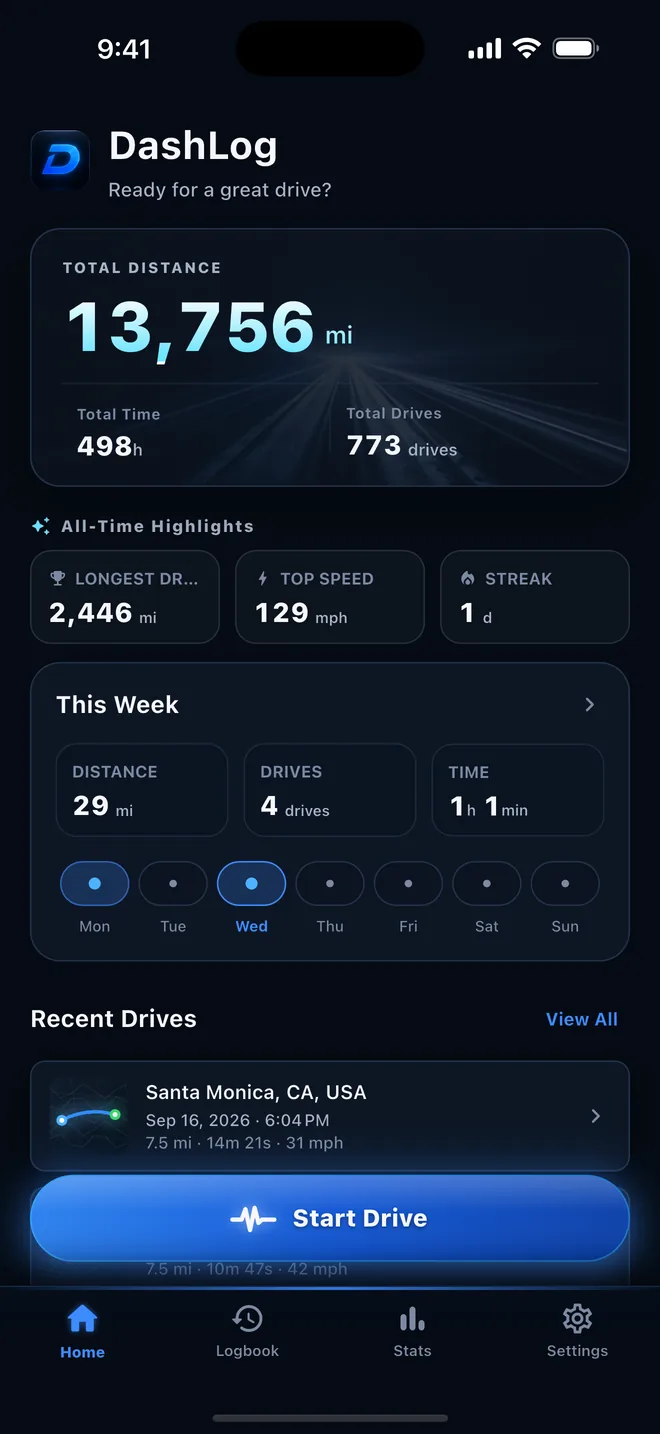 DashLog home screen in dark mode