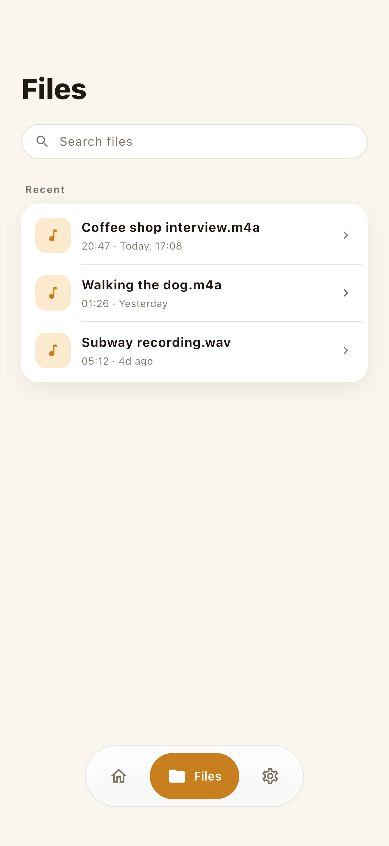 Files tab listing previously cleaned recordings