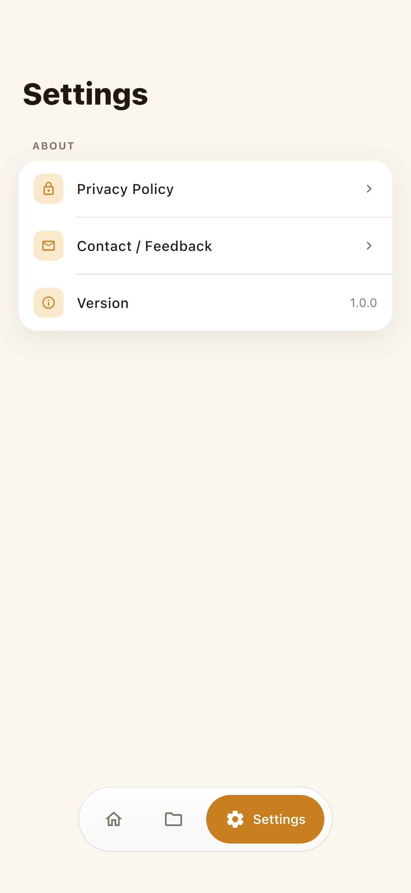 Settings screen with privacy, rate-app, contact rows