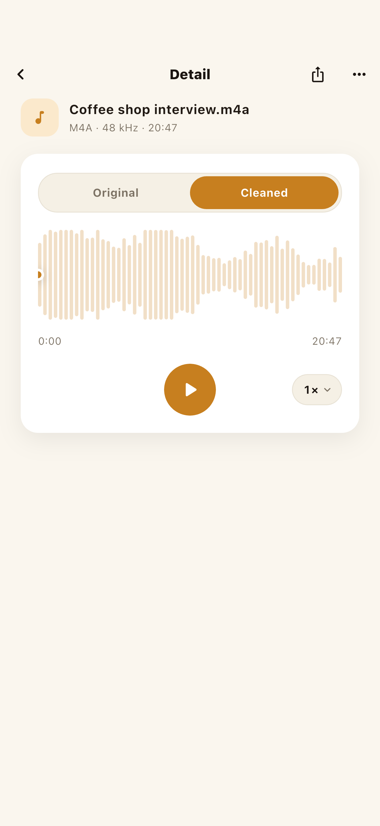 Detail screen comparing original and cleaned audio with an Original / Cleaned toggle