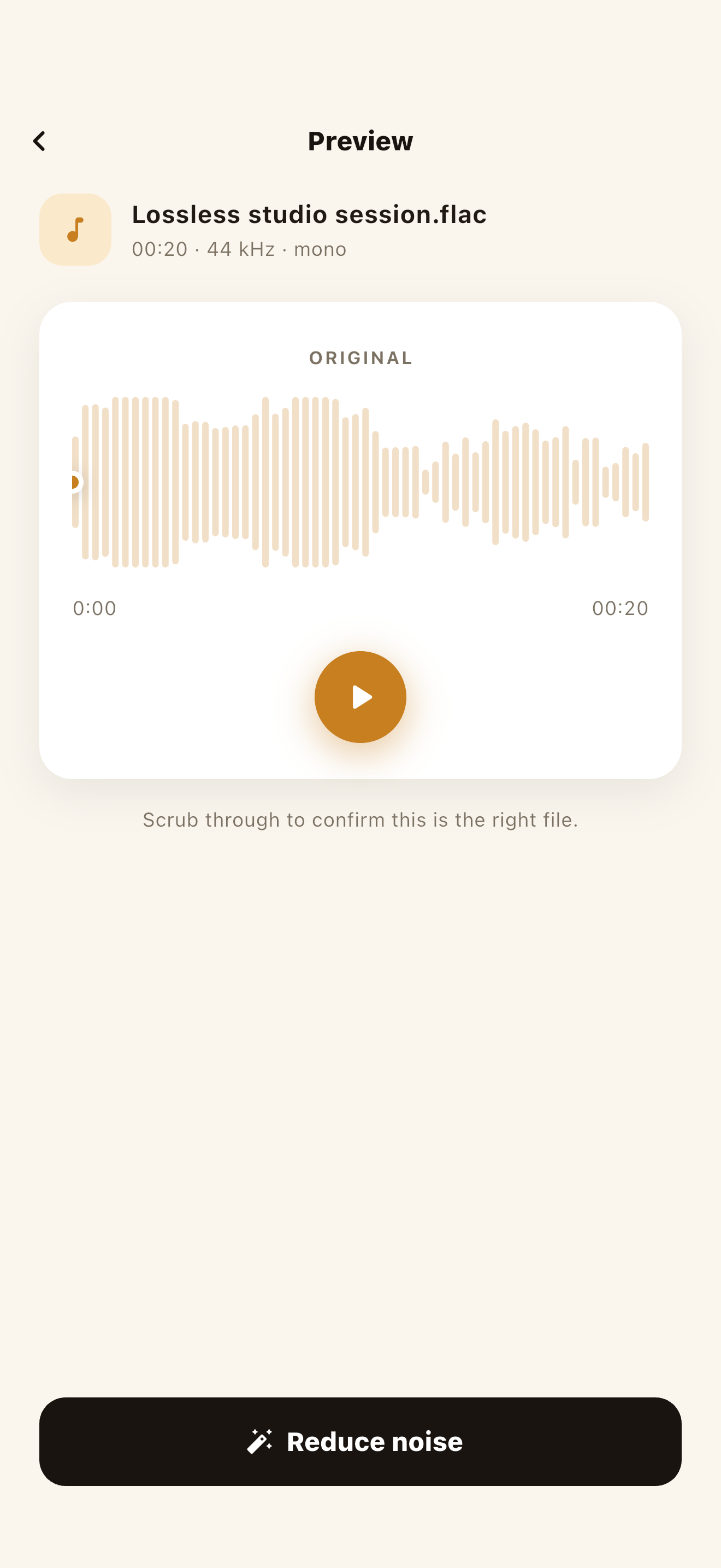 Preview of a picked audio file with waveform