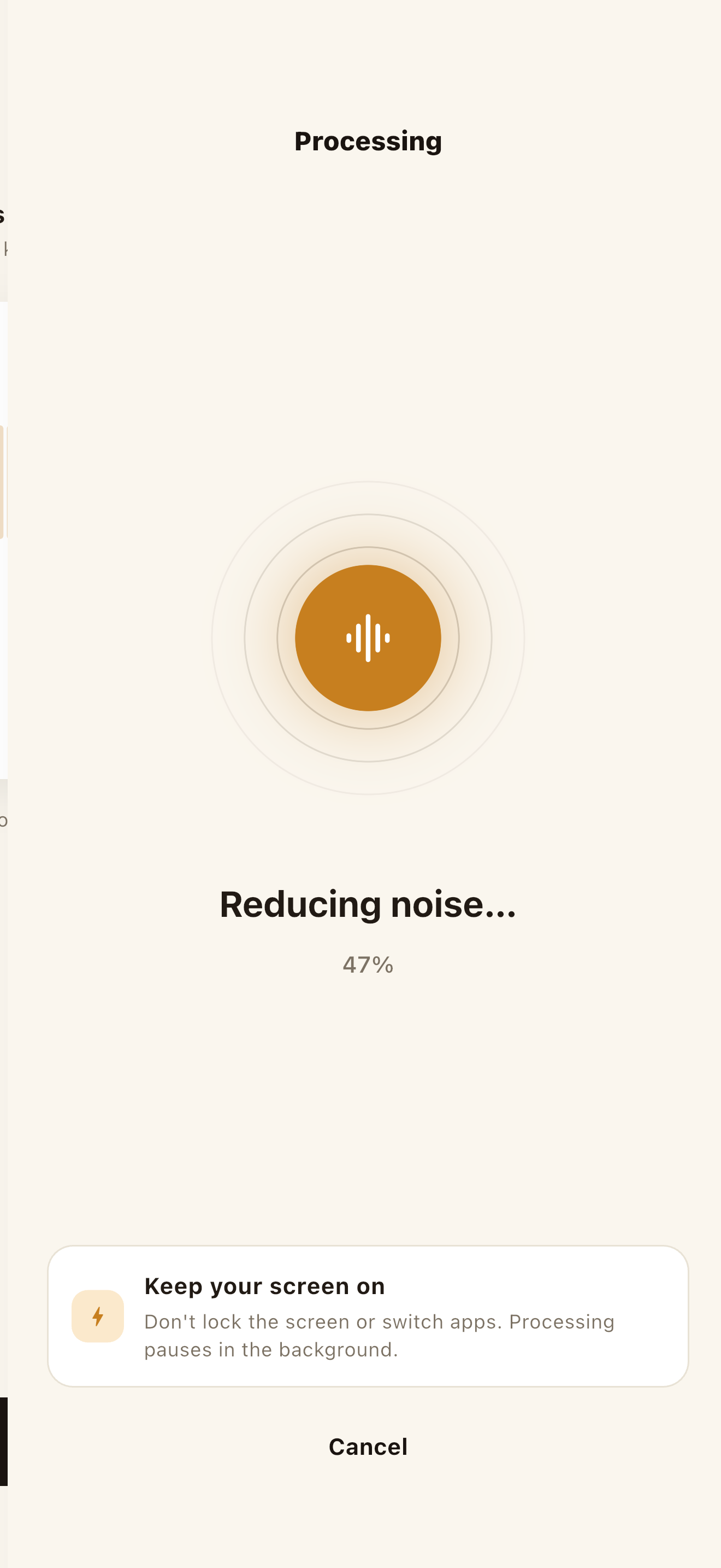 Processing screen showing 47% progress