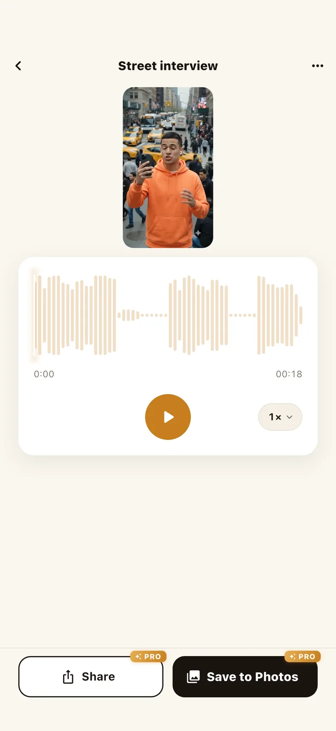 A street interview video above its cleaned waveform, with Share and Save to Photos buttons