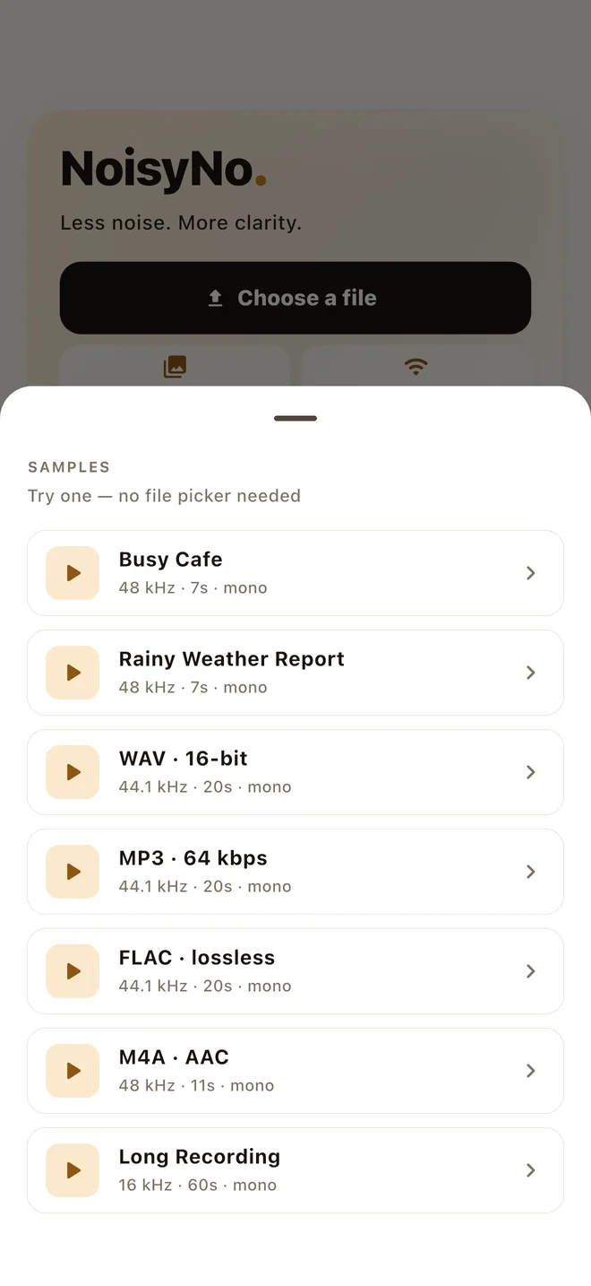 Built-in sample recordings: busy café, rainy weather report, and one of each file format