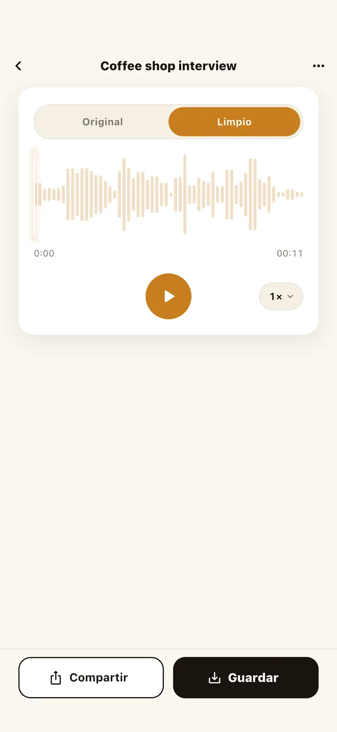 Pantalla de NoisyNo con el selector Original / Cleaned sobre la forma de onda para comparar el audio original y el limpio