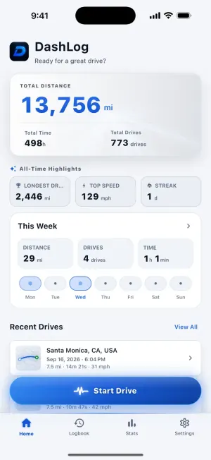 DashLog home screen with total distance and a weekly summary