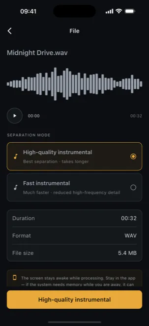 VocalOut separation mode picker for a song file