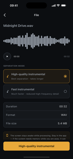 The imported file with its waveform, length and format, and the two separation modes to pick from.