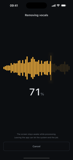Separation running on the device, the waveform filling in behind a large percentage counter.