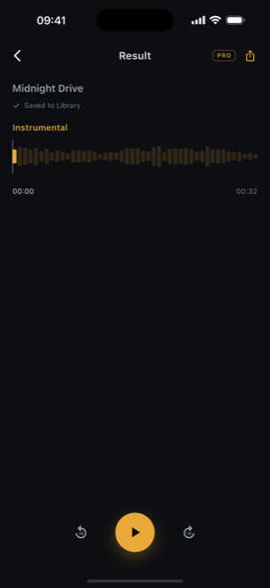 The finished instrumental track, saved to the library and playing back in the app.